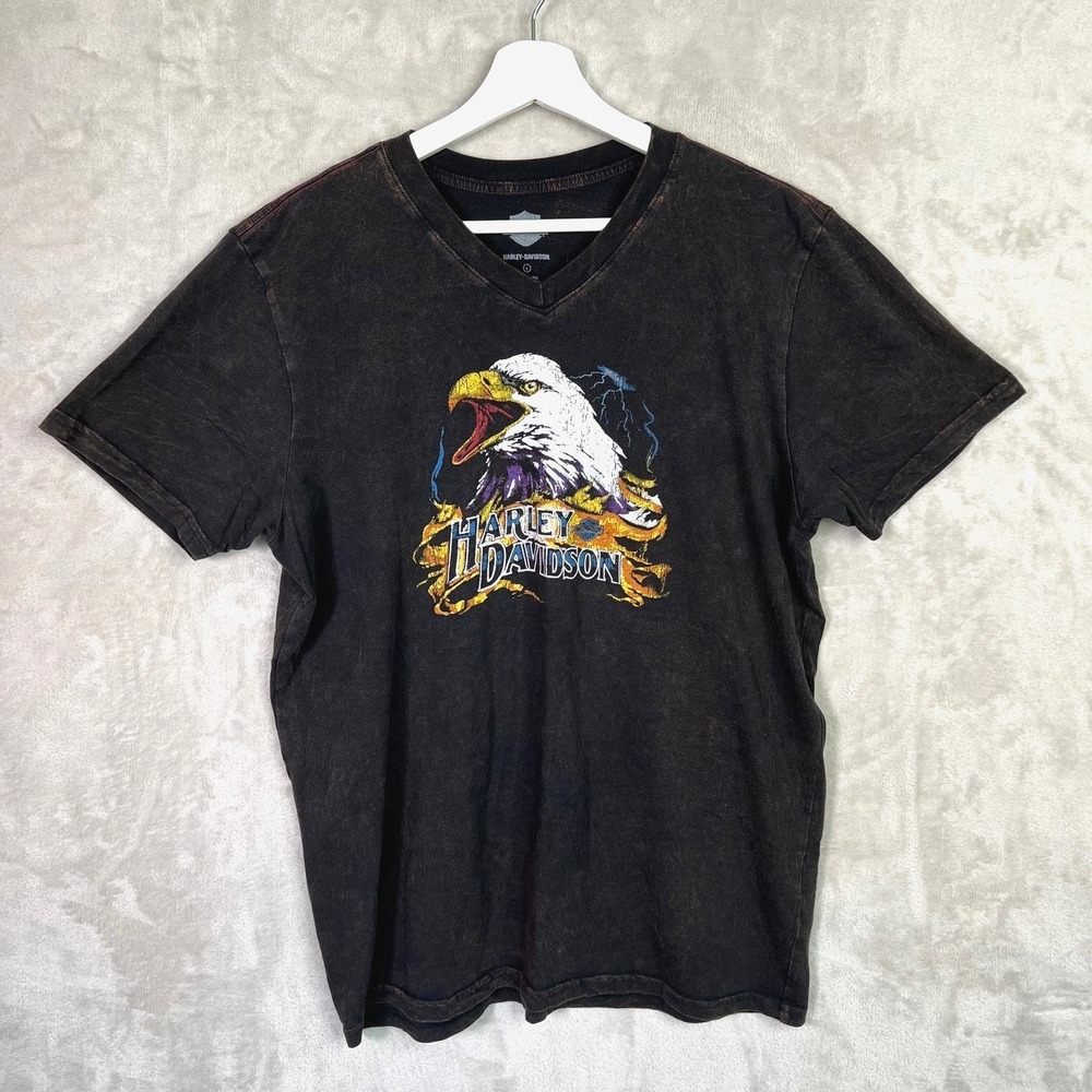 Harley-Davidson Shirt V-Neck Black Acid Wash Screaming‎ Eagle Tee Large